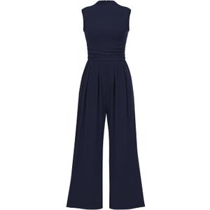 PRETTYGARDEN Womens Summer Jumpsuits Dressy Casual One Piece Outfits Sleeveless Mock Neck Wide Leg Pants Rompers with Pockets (Medium, Navy)