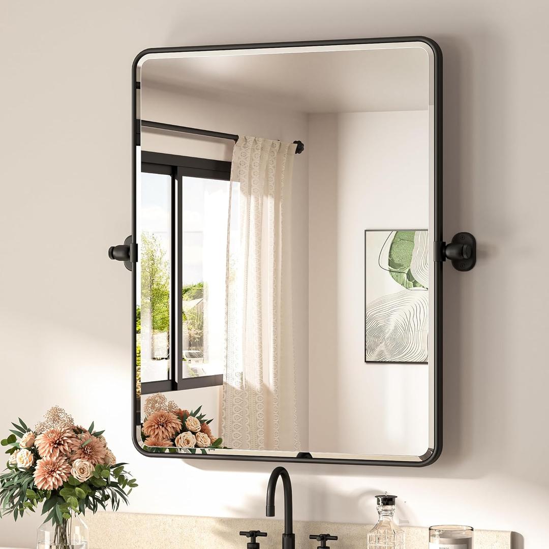 TETOTE Matte Black Pivot Bathroom Mirror 24 x 30 Tilting Beveled Rectangle Metal Framed Mirror, Farmhouse Adjustable Tilt Rounded Corner Rectangular Vanity Mirror, Horizontal/Vertical, Easy to Install