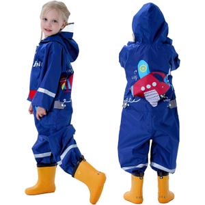 Kids Rain Suit Toddler Girls Boys One Piece Raincoat Waterproof Coverall 3D Cartoon Rain Jacket 1-10 Years (5-7 Years, Blue)
