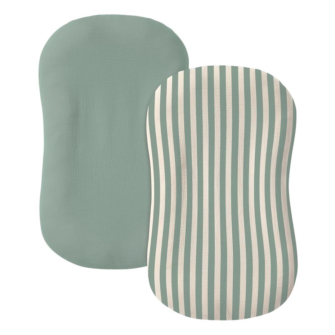 guruixu Muslin Baby Lounger Cover 2 Pack, 100% Cotton Infant Lounger Cover, Soft & Breathable Replacement Slipcover, Compatible with Snuggle Me Newborn Lounger (Roman Green,Green Stripe)