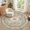 8ft Round Vintage Living Room Area Rug - 8x8 Large Soft Washable Oriental Traditional Distressed Farmhouse Rugs for Bedroom - Indoor Floor Accent Carpet for Home Office House Decor - Beige