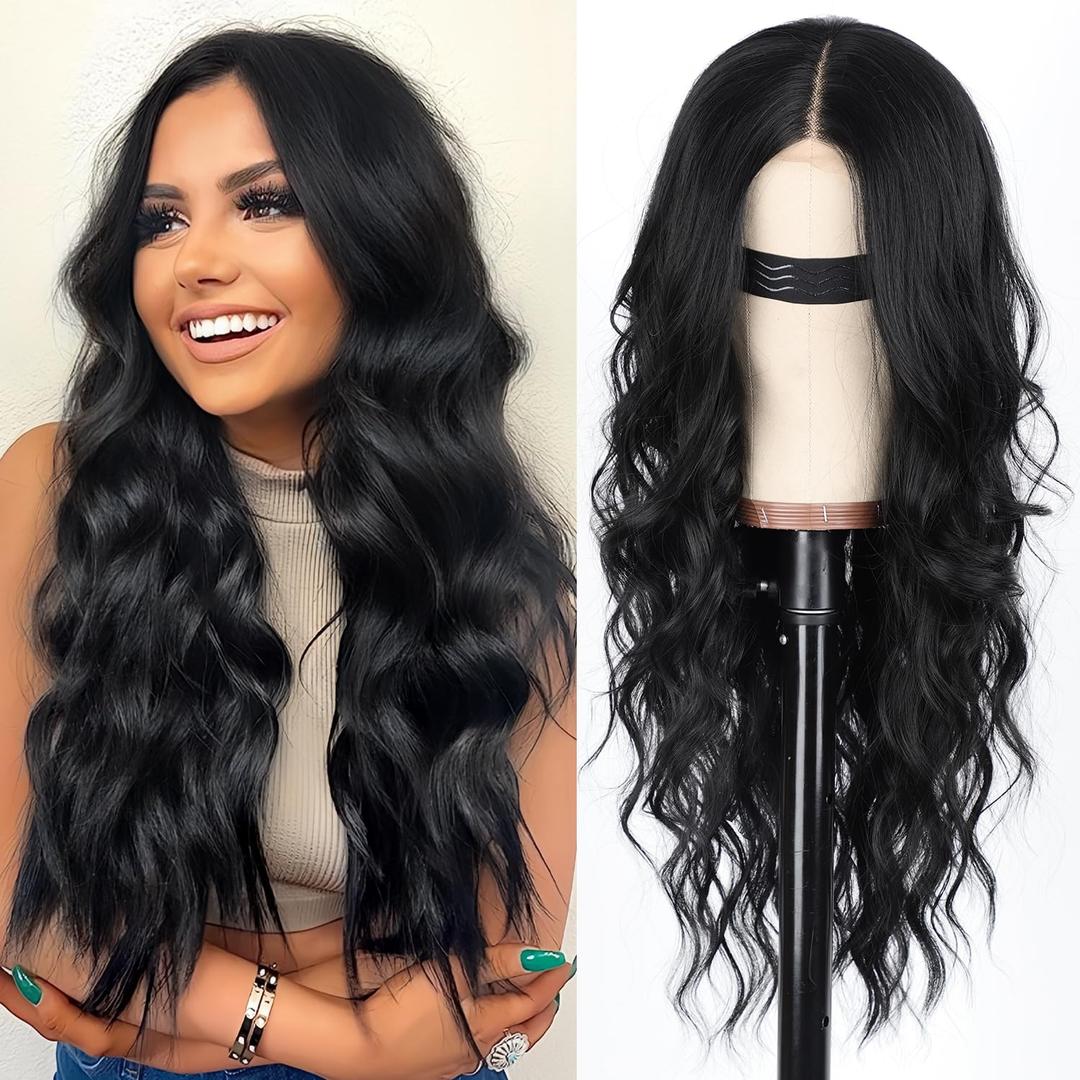 AISI HAIR Black Wig for Women, Long Wavy Lace Hairline Middle Part Synthetic Heat Resistant Wig for Daily Party-26 Inch AISI HAIR Black Wig for Women, Long Wavy Lace Hairline Middle Part Synthetic Heat Resistant Wig for Daily Party-26 Inch