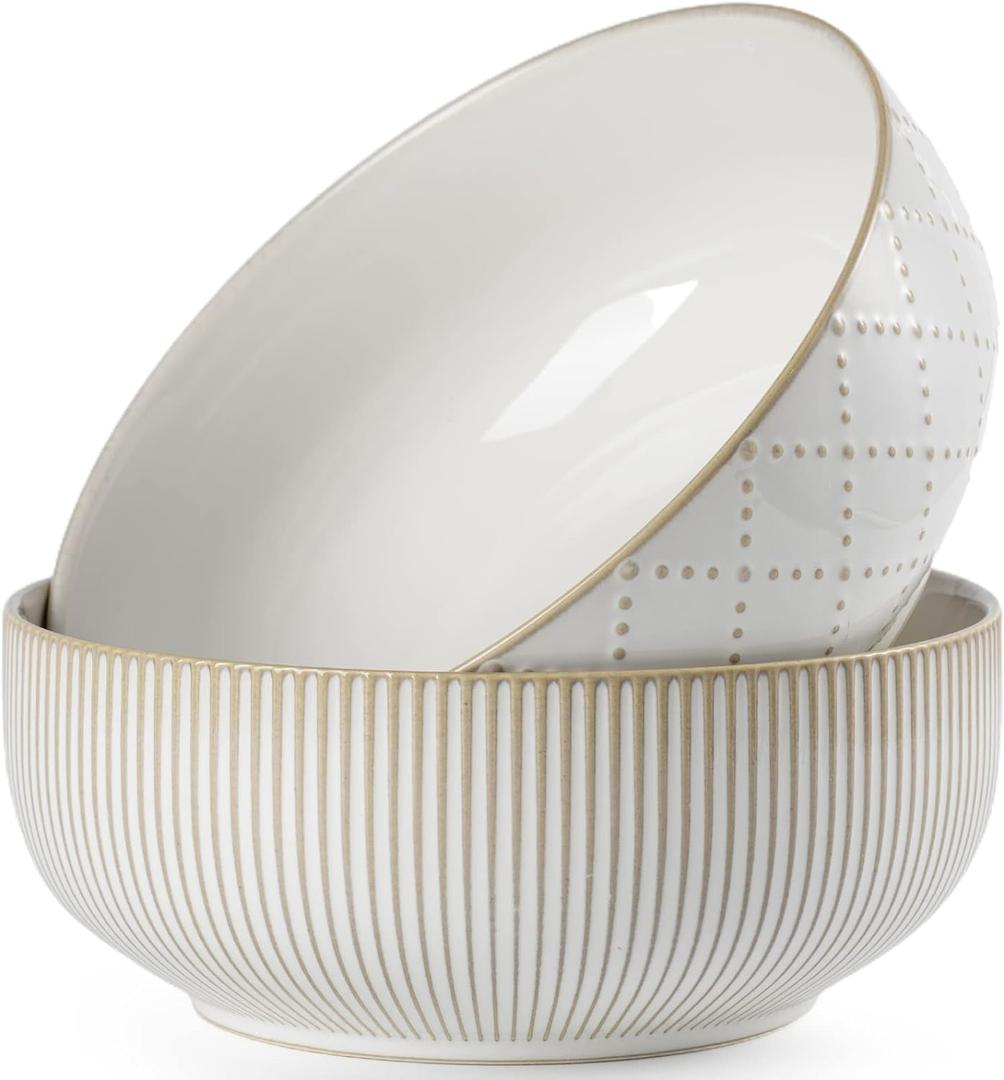 getstar Large Serving Bowls (8 inch & 60 fl oz), Ceramic Salad Bowl Set of 2, Microwave and Dishwasher Safe, Farmhouse Kitchen Decorative Bowls Set (Embossed Checks & Stars)