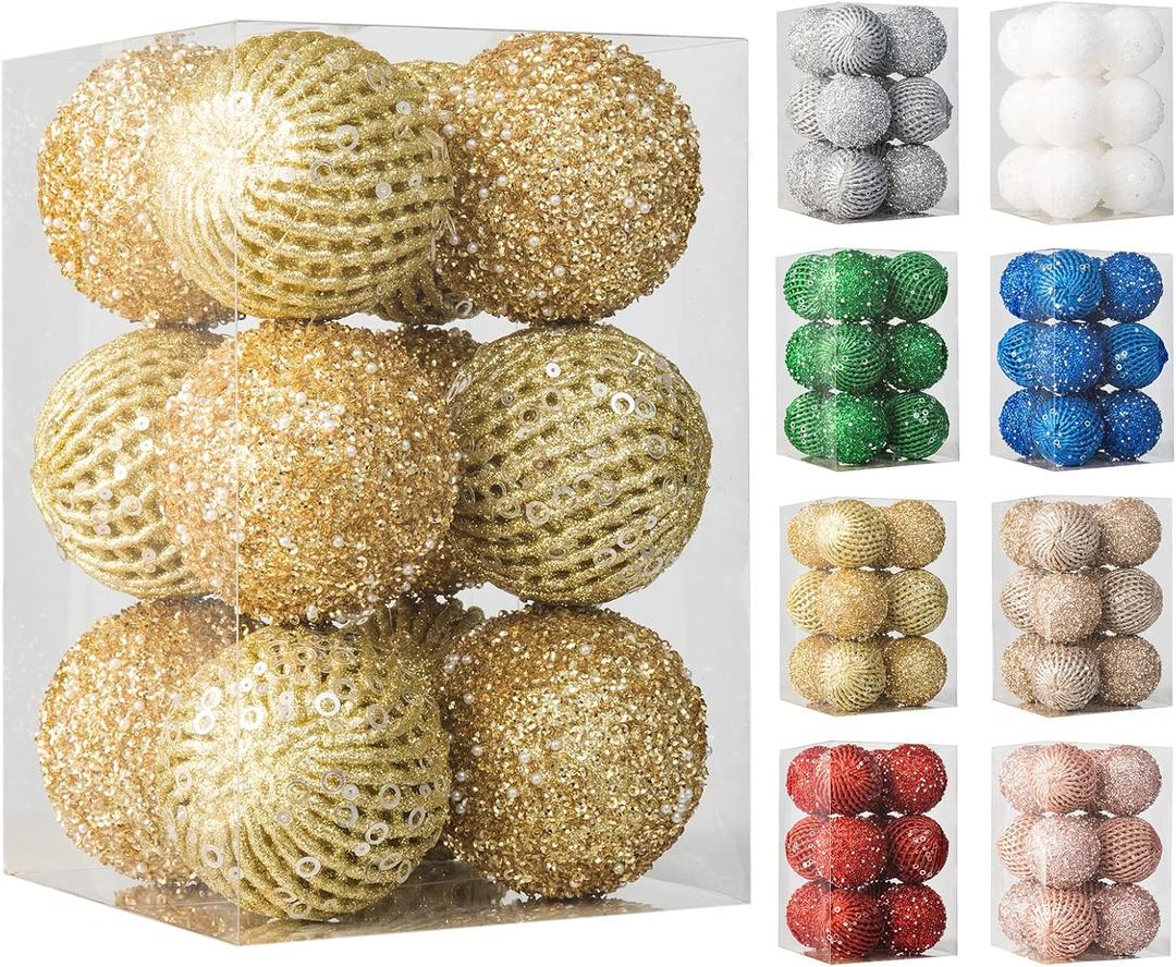 3.15" Christmas Ball Ornaments Glitter Shatterproof Christmas Tree Ornaments Sequin Xmas Hanging Balls Decorations for Wedding Party Holiday(Gold, 12pc-8cm)
