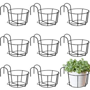 Wesiti 10 Pcs Round Hanging Railing Planters Outdoor Balcony Planters Metal Hanging Baskets Flower Pot Holder for Fence Indoor Porch Shelf Container (8 Inch, Black)