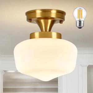 Brass Schoolhouse Ceiling Light 8" Mid Century Lights Fixtures Milk Glass Light Fixture School House Lights Fixture Ceiling Semi Flush Mount Ceiling for Bedroom Bathroom (Bulb Incl.)