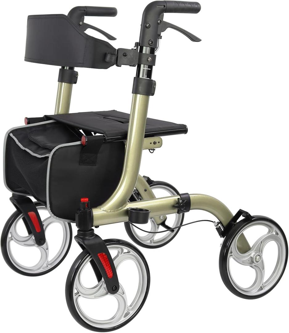 Rollator Walkers for Seniors-Folding Rollator Walker with Seat and Four 10inch Wheels-Medical Rolling Walker with Comfort Handles and Thick Backrest-Lightweight Aluminium Frame Champagne