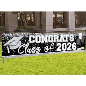 Black and Silver Graduation Decorations Class of 2026 Banner Black and Silver Congrats Grad Banner Graduation Yard Sign for High School College Commencement Party