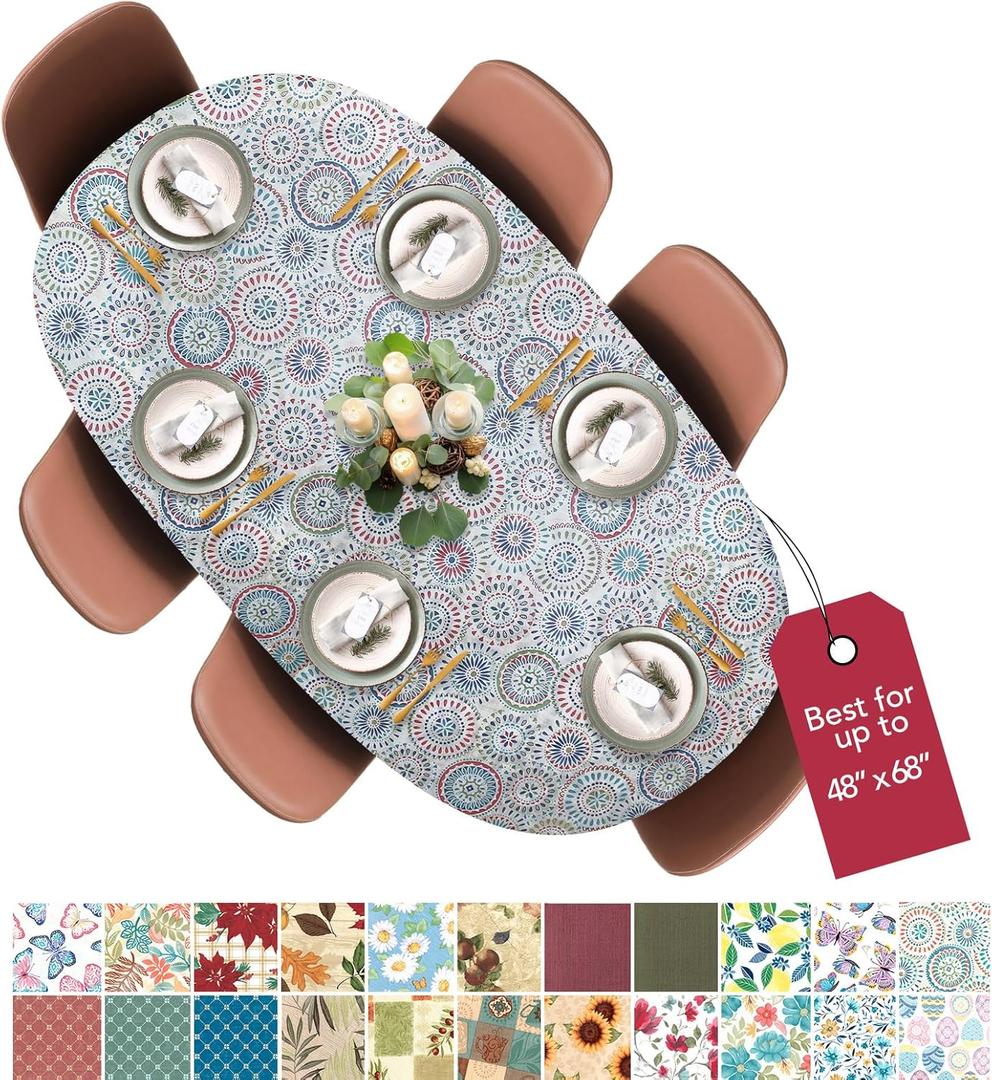 Covers For The Home Deluxe Elastic Edged Flannel Backed Vinyl Fitted Table Cover - Multi-Color Geometric Medallion Pattern - Round Oblong Oval - Fits Tables up to 48" W x 68" L (Best For Up To 48" x 68")