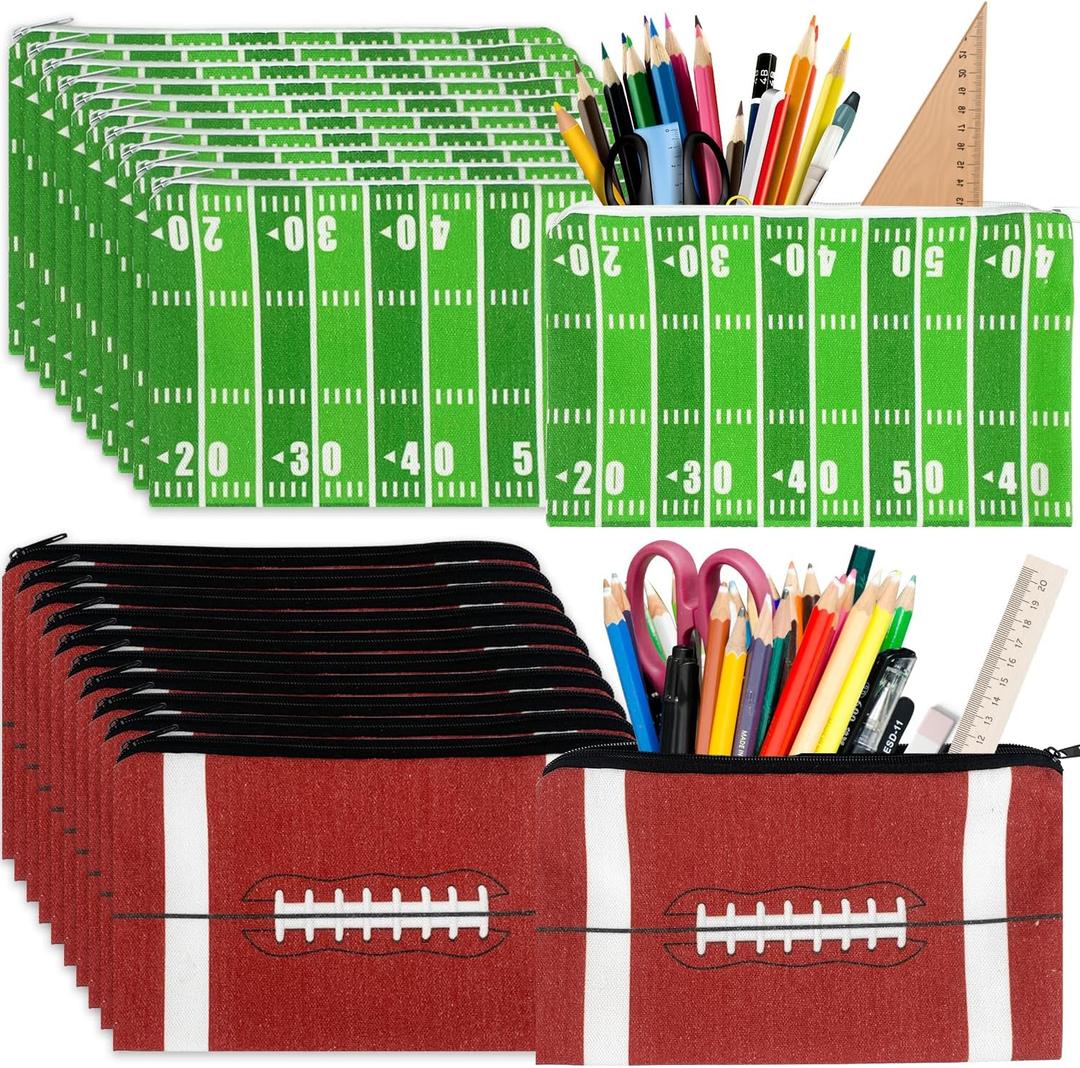 24 Pcs Football Pencil Bags Touchdown Pencil Pouch Bulk Sports Football Makeup Bag Ball Field Pencil Case Sport Cosmetic Bag Sports Themed Zipper Bags for Kids Adult Party Decorations School Supplies