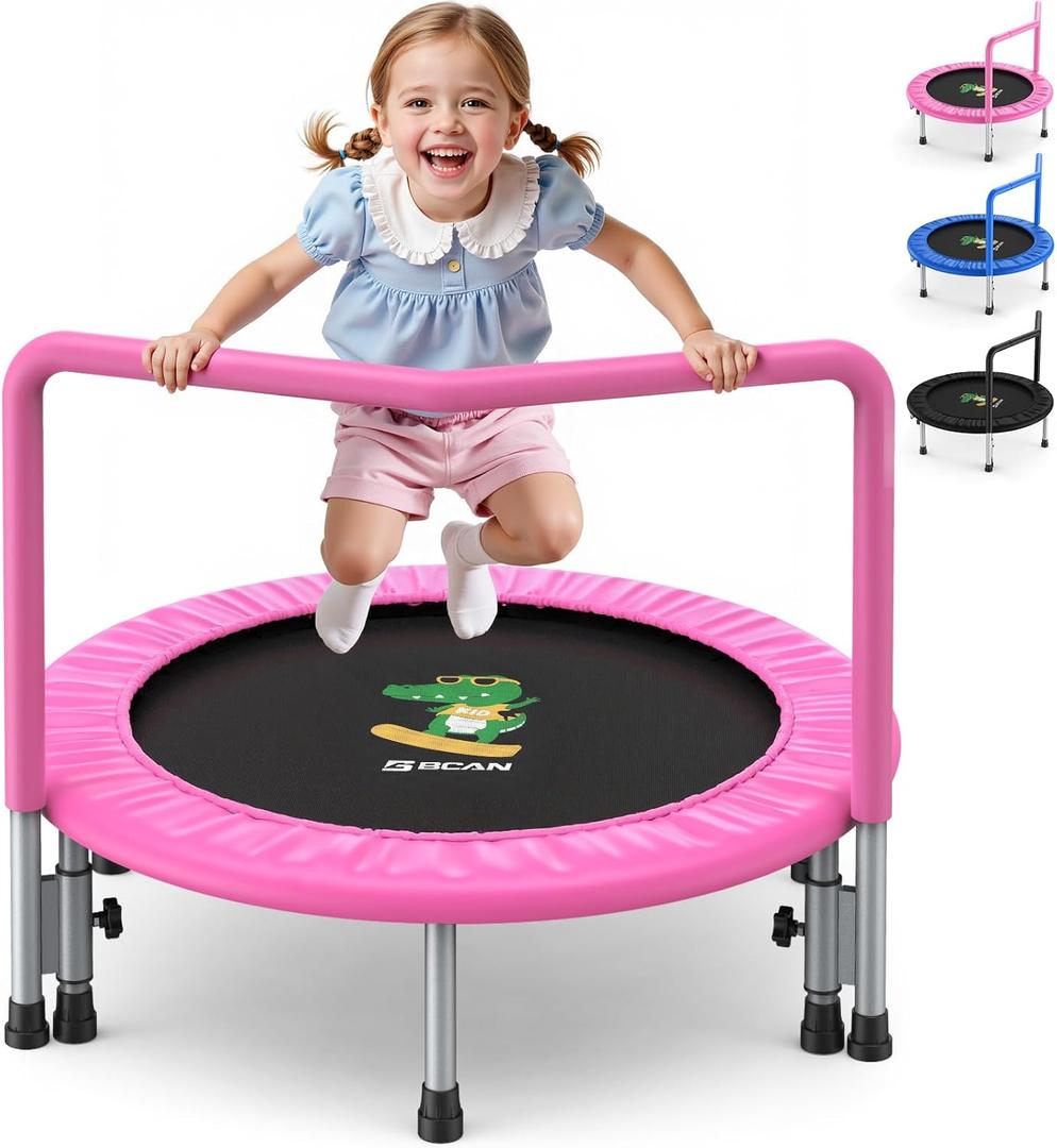 BCAN 36'' Toddler Trampoline, ASTM Certified - Kids Trampoline for Ages 1-6, Foam Handle & Safe Thickened Cover, Mini Trampolines for Kids Indoor, Easy to Assemble (Pink)