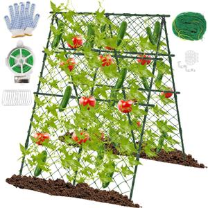 63"H x 47"L Cucumber Trellis for Raised Bed, Adjustable Garden Trellis for Climbing Plants Outdoor with Climbing Net and Plant Support Clip, A-Frame Trellis for Vegetable, Cucumbers, Tomatoes