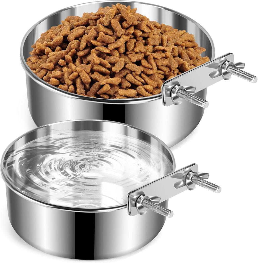 Crate Dog Bowls, Removable Stainless Steel Dog Bowl for Food and Water, Pet Kennel Hanging Food Water Feeder Station for Small/Medium/Large Pets, (7.1"x2.6" & 6.3"*2.4", Silver)