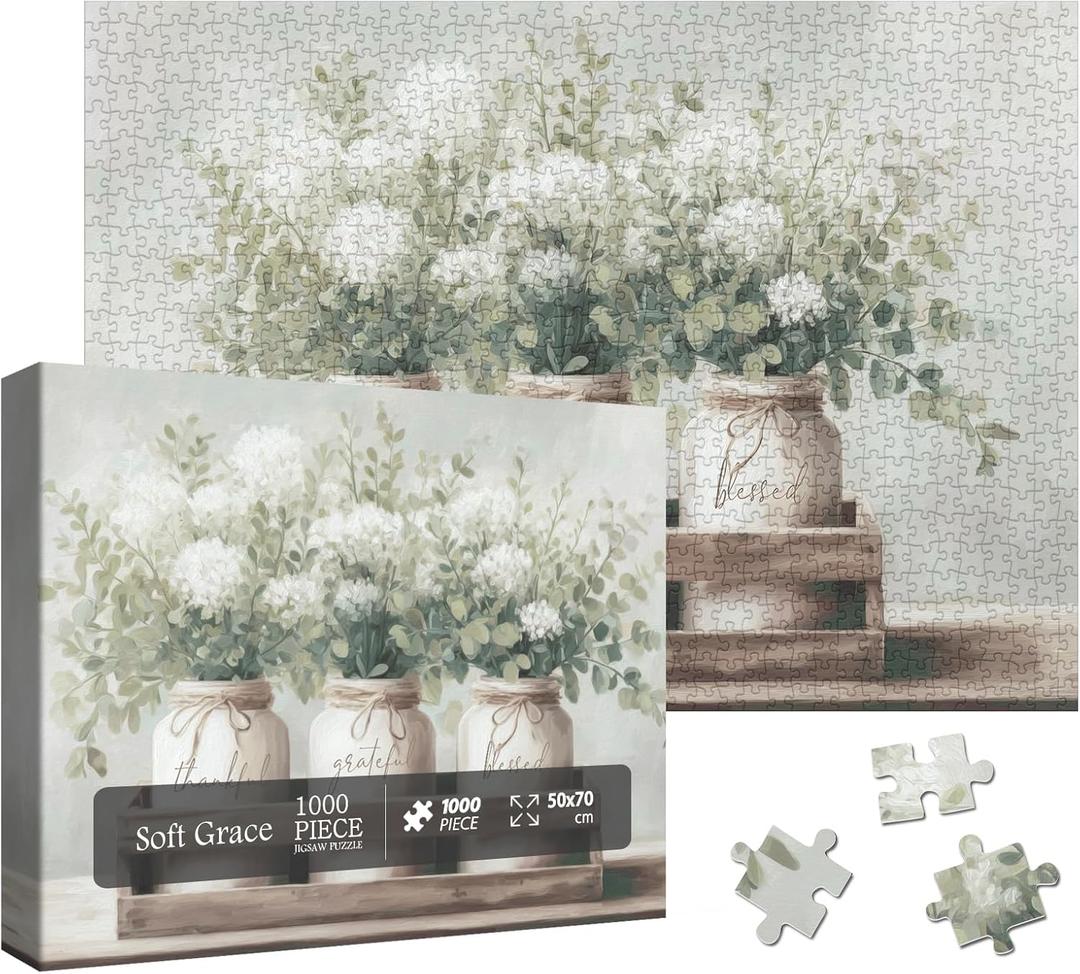 Aesthetic White Flower Vase Puzzles for Adults 1000 Pieces, Fantasy Plant Art Jigsaw Puzzle, Impossible Faith Bottle Puzzles (Soft Grace)