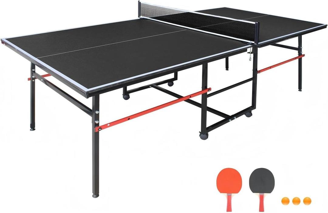8ft Mid-Size Ping Pong Table, Foldable Table Tennis Table with Net, 2 Table Tennis Paddles and 3 Balls for Indoor/Outdoor, Black