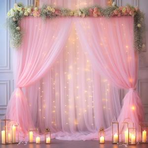 30x10ft Baby Pink Tulle Backdrop Curtain with Lights String for Parites, Sheer Photo Backdrop Curtains with Lights for Wedding Backdrop Ceremony Reception Bridal Shower Baby Shower Birthday Party (6 Panels(5*10FT))