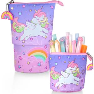 2 x Standing Pencil Case for Kids - Back to School Stuff, Cute Unicorn Telescopic Zipper Pencil Case Aesthetic, Large Capacity Stand up Pen Bag, Portable Pen Holder, Study Supplies for Students