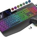 SABLUTE Wireless Keyboard and Mouse Combo, 9 Backlit Effects, Large Print, Wrist Rest, Phone Holder, 2.4G Lag-Free Ergonomic Keyboards, Rechargeable Easy to See Cordless Set for Computer, Laptop, PC (Textured Black)