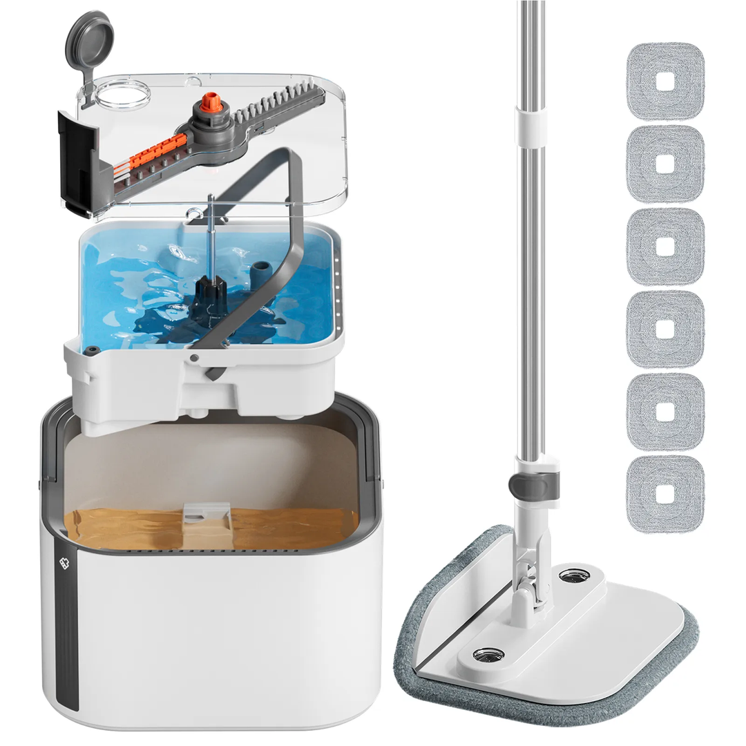 Upgraded Self-Standing Spin Mop and Bucket System, Detachable Inner Mop Bucket Separates Dirty Water & 90° Foldable Head, Triple-Scrub System, 0.9Gal Dual Drainage, for Hardwood Floors (White 6 Pads)