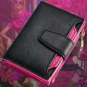 Small Wallet Women RFID Blocking Soft Leather Bifold Compact Card Holder Wallet for Women with Zipper Coin Pocket 4 ID Window (Colorblock - Black/Rose Red)