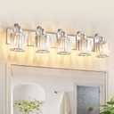 Modern Crystal Bathroom Vanity Light 5 Light Brushed Nickel Vanity Lighting Over Mirror Bathroom Wall Lighting Fixtures with Round Shade (Exclude Bulb)