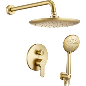 Shower System, Wall Mounted Shower Faucet Set for Bathroom with 10 Inch Rain Shower Head and Handheld Shower Head Set, Brushed Gold