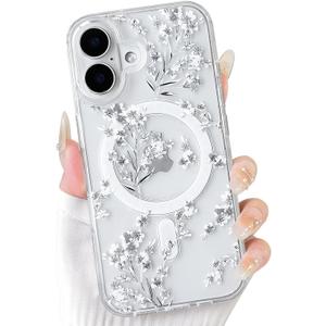 NITITOP Compatible for iPhone 17 Case Cute Clear Magnetic Compatible with MagSafe Cute Flowers Floral Leaves for Women Girls Hard PC Back Shockproof Protective Phone Cover - White