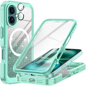 Hekodonk for iPhone 16 Plus Case, Compatible with Magsafe [Built-in Tempered Glass Screen Protector & Camera Lens Protection] Full Body Shockproof Protective Women Girl Bling Case,Green