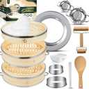 UPGRADED Bamboo Steamer Basket 10-Inch 2-Tier with handle|1x Stainless Steel Ring|2x Chopsticks|50x Perforated Liners|1x Sauce bowl| Easy to clean|Dumpling Steamer Baskets for Cooking Rice & Vegetable (Full Set [10-Inch] with Dumpling Tools)