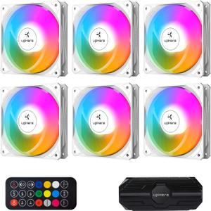 upHere 120mm White Computer Case Fan, Motherboard Sync Fan, High Airflow, Speed Adjustable, ARGB Fan with Hub and Remote, Low Noise Hydraulic Bearing Long Life Up to 40, 000 Hours-6 Pack, NT1206-6