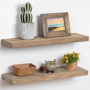 Floating Shelves, 8 Inch Deep Rustic Solid Reclaimed Wood Wall Shelves for Storage, Wall Mounted Display Shelving with Invisible Heavy-Duty Metal Bracket, 24 Inch Width Set of 2, Natural (24inches-2P, Distressed Natural)