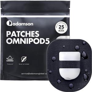 Adamson Omnipod 5 Overpatches  25 Waterproof Omnipod 5 Adhesive Patches, Sweatproof & Skin-Friendly, No Glue on Center, Easy to Apply & Remove, Secure Hold for Active Lifestyles  Black