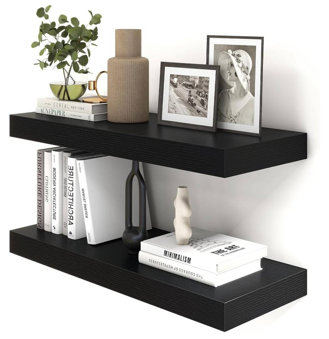 FLYJOE 12 Inch Floating Shelves | 12 Inch Deep Black Floating Shelves Set of 2 | 12" W x 7" D Rustic Wood Shelves for Wall | Deep Black Shelves for Living Room Bathroom Laundry Room Kitchen