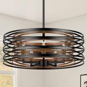 19.7'' Farmhouse Chandeliers for Dining Room, 5-Light Industrial Black Hanging Light Fixture, Rustic Pendant Light for Entryway, Foyer Bedroom, Kitchen Island Lighting, Retro Wood Textures Interior (20 inch)