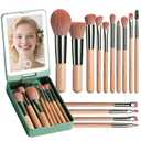 BS-MALL Travel Makeup Brush Set  14 Pcs Foundation Powder Concealers Eye Shadows with LED Light Mirror, Green