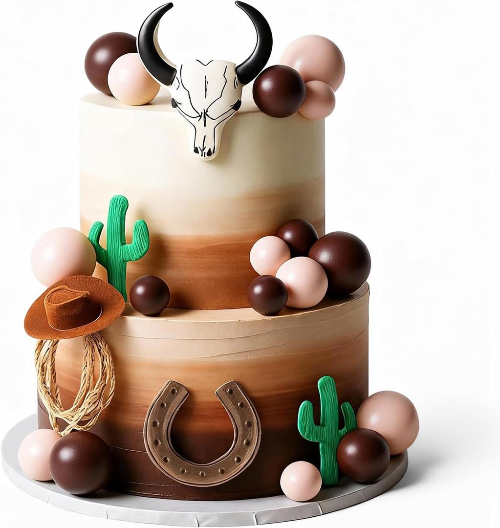RoundFunny 26 Pcs Cowboy Cake Decorations Cowboy Hat Cake Topper Western Hat Bull's Head Topper Decoration for Western Cowgirl Birthday Baby Shower Party Supplies (Brown, Retro)