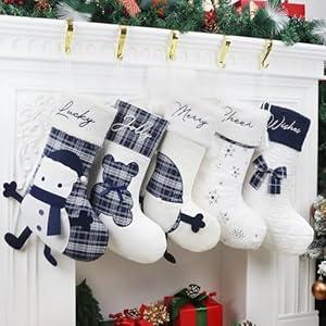 Kweniee Christmas Stockings Set 5 Pack 18 Inch Large Soft and Long-Pile Xmas Stockings, Exquisite Embroidery Plaid, Bow, Snowman Rustic Neutral Fireplace Stockings for Family Holiday Season Decor.