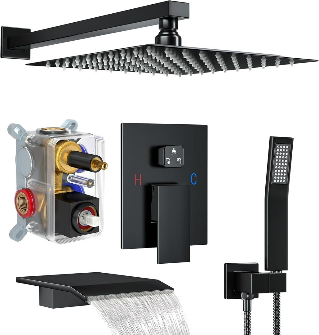 Shower System with Tub Spout, 12-Inch High-Pressure Rain Showerhead and Handheld Combo, Matte Black Shower Faucet Set with Rough-in Valve and Trim, Wall Mounted 3-Way Shower Set