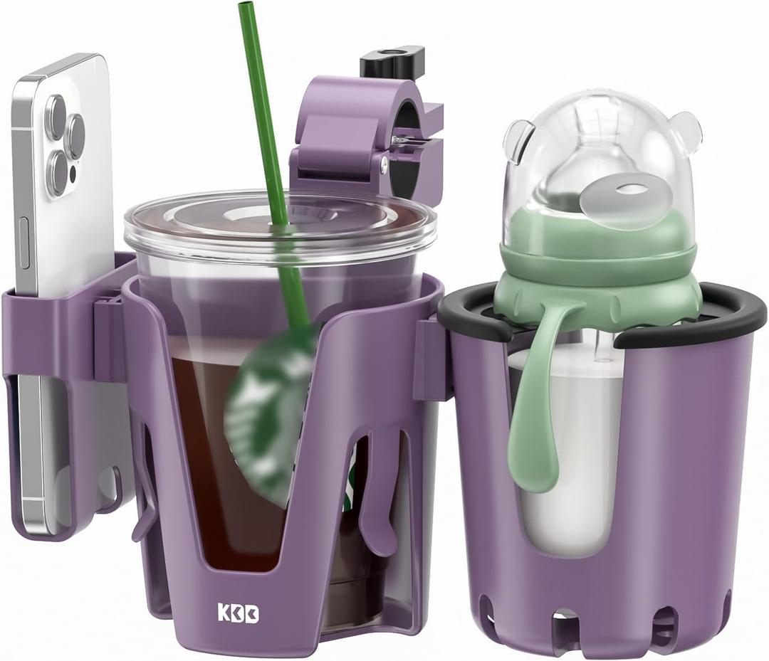 KDD Stroller Cup Holder with Phone Holder, 3-in-1 Removable Bottle Holder, 360 Degrees Rotation Drink Holder for Wheelchair, Stroller, Bike, Walker, Scooter, Bicycle, Nuna, Bugaboo, Doona (Purple)