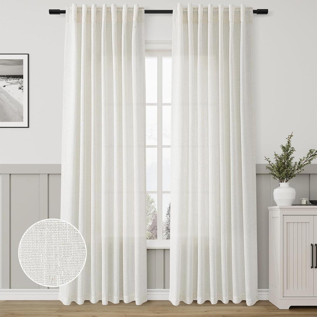 Natural Linen Curtains 86 Inch Length 2 Panels Cream White Pleated Linen Drapes for Living Room Semi Sheer Light Filtering Modern Farmhouse Aesthetic Neutral Window Curtain Back Tab Loop Ivory