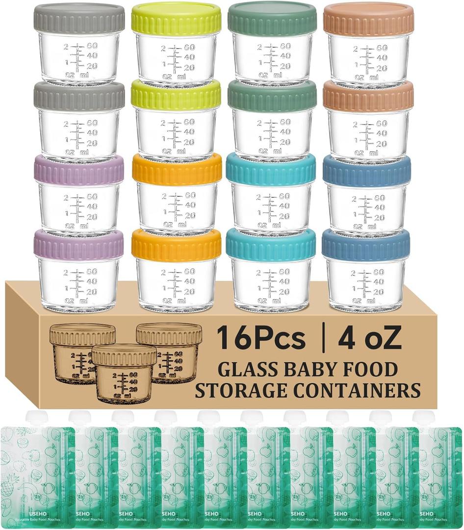 16 pcak Glass Baby Food Storage Containers & 10 Pack Reusable Baby Food Pouches Set, 4 oz Glass Jars with lids for Infant Baby Food,Freezer and Microwave Safe,100% Leak Proof,Reusable BPA Free16