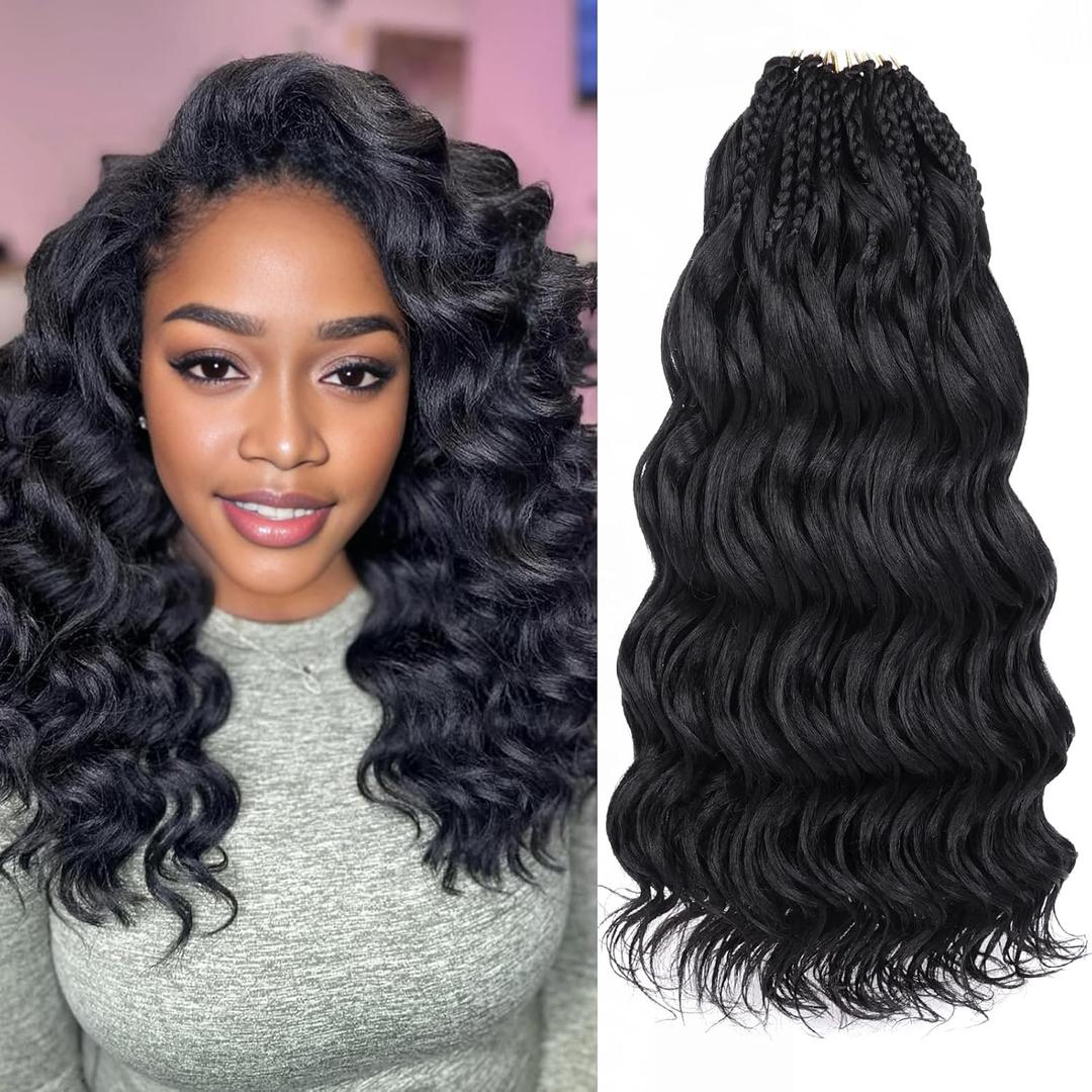 Leeven 14 Inch Pre Looped Ocean Wave Crochet Braids 8 Packs Black Short Curly Crochet Hair Boho Ocean Braids Pre Twisted Synthetic Deep Wavy Crochet Hair for Women (#1B)