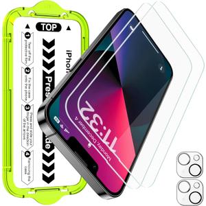 Esanik [2+2 Pack for iPhone 13 Tempered Glass Screen Protector & Camera Lens Cover - Military-Grade 9H Hardness, HD Clear, Anti-Scratch, Flawless Fit Tray