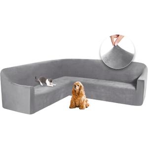 ALIECOM Velvet Stretch Sectional Couch Covers L Shape Corner Sofa Cover Washable Soft Thick U Shaped Sofa Slipcovers for Dogs Pets Magic Furniture Protector with Non Slip Foam (Medium Grey, X-Large)