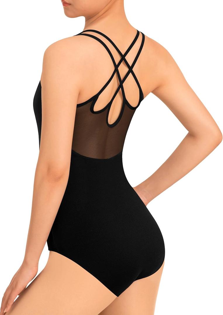 MOLLDAN Dance Leotard for Women Camisole Ballet Wear,Double Straps with Mesh Back,Chest Padded (Small, Black)