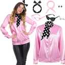 AOTHSO 1950s Pink Satin Jacket with Headband Scarves Earrings Glasses for Women 8 Pieces Halloween Adults Cosplay Costume Set, Medium