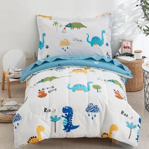 DJY Cotton Toddler Bedding Set for Boys Girls, 4 Pieces Dinosaur Toddler Bed Comforter Set, Includes Quilted Comforter, Flat Sheet, Fitted Sheet and Pillowcase