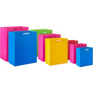 Hallmark Assorted Gift Bags (8 Bags: 3 Small 6", 3 Medium 9", 2 Large 13") Solid Pink, Blue, Green, Yellow, Red