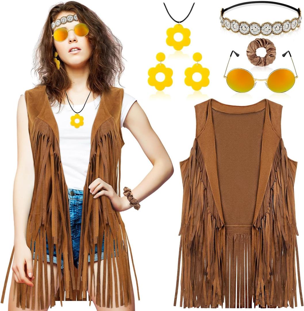 60s 70s Outfits for Women Groovy Outfits Clothes Women Brown Fringe Vest 70s Costume Tops Sunglasses Necklaces (X-Large)