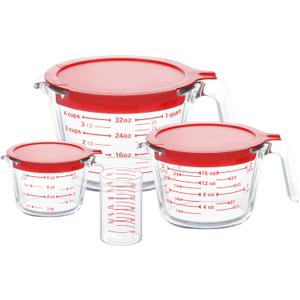 KOMUEE 4 Piece Glass Measuring Cups Set, 5 Oz, 1-Cup, 2-Cup, 4-Cup Liquid Measuring Cups with Lids for Kitchen, Freezer and Microwave Safe